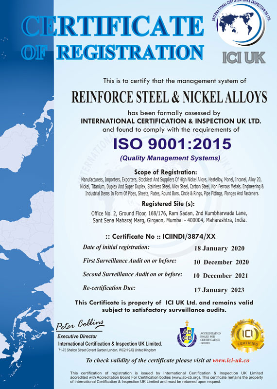 Certificate Reinforce Steel & Nickel Alloys